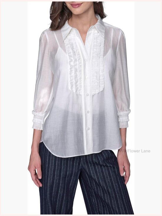 Tops - Long Sleeve Ruffle Collared Blouse - Classic Fit